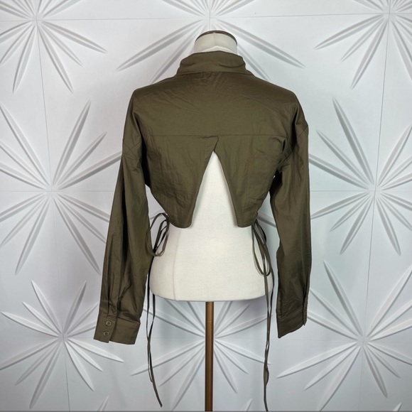 Khaki Button Down Crop Shirt Tie Details - Picture 11 of 16